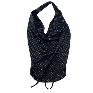 Vintage Epilogue Black Sequin Halter Top Cowl Neck Tie Back - Size Medium